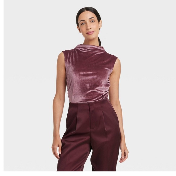 a new day Tops - a new day Ruched Velvet Tank Top in Burgundy-L